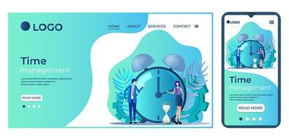 Time-management.People on the background of watches and coins.The concept of work and time control.Teamwork.Landing page template and smartphone adaptation.Flat vector illustration.