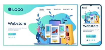 Web store.People are shopping in an online store.The concept of online trading.Secure online purchases.Landing page template and smartphone adaptation.Flat vector illustration.