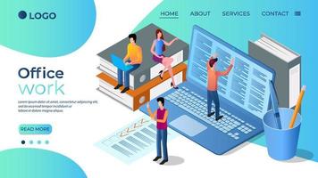 Office work.A group of office workers working in an office.Teamwork and team spirit.The concept of a friendly team.The template of the landing page.Isometric vector illustration.