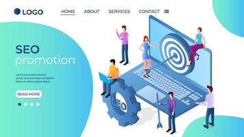 SEO promotion.Business mechanism and SEO promotion.Links of gears as a symbol of work.People are engaged in business promotion.Strategic analysis and business communication.Isometric vector image.