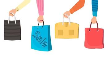 manos sosteniendo bolsas de compras después de una venta. el concepto de intercambiar la alegría de comprar hermosos bolsos y paquetes. ilustración vectorial plana. vector