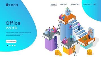 Office work.The concept of joint work of employees and businessmen.Teamwork.Office plankton.Isometric vector illustration.The template of the landing page.