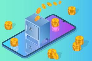 Online banking.Smartphone Bank safe and money.The concept of secure banking operations conducted using the Internet.Isometric vector illustration.