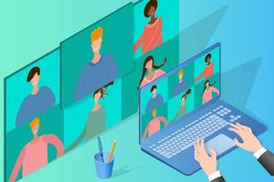 Online video conference.Concept of business negotiations online education scientific conference.People communicate with each other using an Internet connection.Isometric vector illustration.