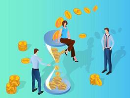 Time is money.People on the background of an hourglass with money and coins lying inside.The concept of time management and financial control.A successful financial investment.Isometric vector