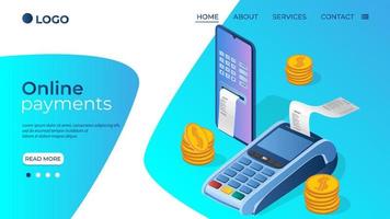 Online payments.Payment using a payment terminal and smartphone.Concept of online payments transfers and purchases.Isometric vector illustration.