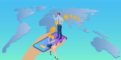 Online money transfers.People use their smartphones to send money all over the world. Hand and smartphone on the background of a large map of the world.Vector illustration. vector