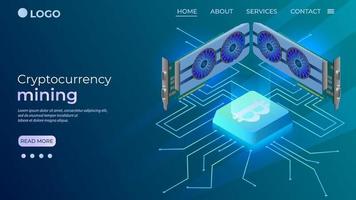 Cryptocurrency mining.The concept of cryptocurrency mining is the device of a mining farm.Using the blockchain.The template of the landing page.Isometric vector illustration.