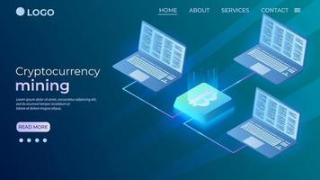 Cryptocurrency mining.The concept of cryptocurrency mining is the device of a mining farm.Using the blockchain.The template of the landing page.Isometric vector illustration.