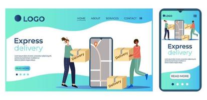 Express delivery and online orders.The concept of delivery.Online service.Remote client service.People a large cardboard box and a smartphone.The template of the landing page.Flat vector illustration.
