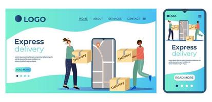 Express delivery and online orders.The concept of delivery.Online service.Remote client service.People a large cardboard box and a smartphone.The template of the landing page.Flat vector illustration.