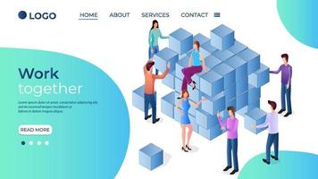 Work together.The concept of teamwork.Brainstorming.Joint search for ideas.People from cubes collect a figure.Isometric vector illustration.The template of the landing page.