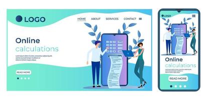 Online calculations.People receive an electronic receipt using their smartphone.The concept of electronic payment of invoices.The template of the landing page.Flat vector illustration.