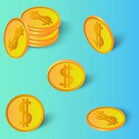 Set of gold coin dollars. Coins in different angles with shadows on a blue-green background.Can be used as design elements.Vector illustration. vector