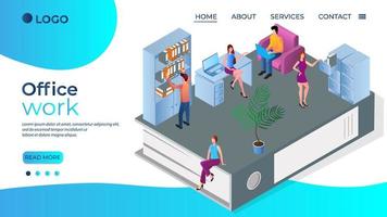 Office work.A group of office workers working in an office.Teamwork and team spirit.The concept of a friendly team.The template of the landing page.Isometric vector illustration.