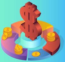 Dollar symbol infographic and dollar coins on a blue-green background.Concept of financial operations.Design elements.Isometric vector illustration.