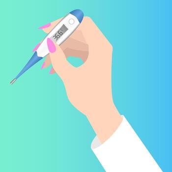 mano con un termómetro. termómetro realista sobre un fondo azul-verde. Puede usarlo como elemento de diseño. Ilustración vectorial. vector