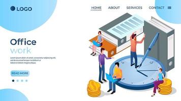 Office work.People do paperwork.The concept of teamwork.A group of office workers.The template of the landing page.Isometric vector illustration.