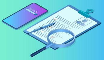 Personnel selection.Clipboard paper questionnaire and mobile magnifier as a symbol of the search for personnel.The concept of finding the best employees.Isometric vector illustration.