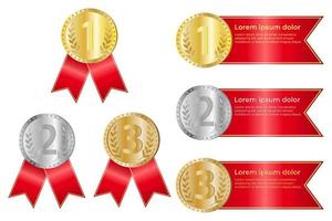 Award medals with red ribbons.Gold, silver and bronze medals.. Medals for first, second and third place.A set of award medals isolated on a white background.Realistic vector illustration