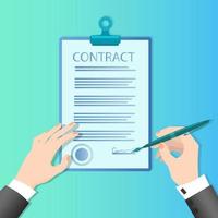 A businessman signs a contract.Businessman's hands a fountain pen and a document.Business activity concept of successful negotiations and agreements.Flat vector illustration.