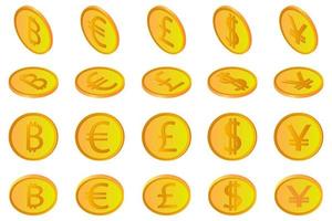 el dólar bitcoin euro libra y yen.un conjunto de monedas de criptomonedas europeas americanas de monedas británicas y japonesas en diferentes ángulos aisladas sobre un fondo blanco. utilizar como elementos de diseño. vector