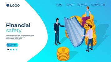Financial safety.People hide money behind a shield.Protection of Bank deposits.Protection of Bank data.Flat isometric illustration.The template of the landing page. vector