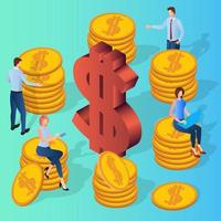 las personas participan en transacciones financieras. personas en el fondo de monedas y un gran signo de dólar. control financiero y monitoreo del trabajo en equipo. imagen 3d. ilustración vectorial isométrica. vector