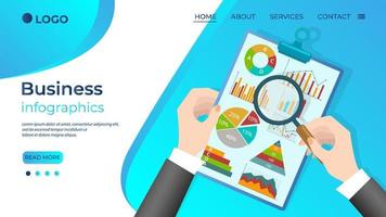 Business infographics.A businessman studies infographics.The concept of business management using modern technologies.The template of the landing page. vector