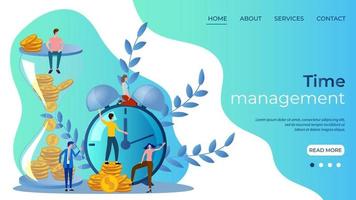 People hourglass and alarm clock.Time management.People on the background of a large clock, an hourglass with money.Effective workflow management.Time control.Landing page template.Flat vector