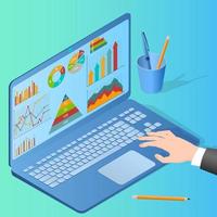 A businessman uses a laptop to study and analyze data.The concept of collaboration and analytical thinking.Flat vector illustration