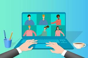 People work in video conference .The concept of working remotely online-communication using an Internet connection.Flat vector illustration.