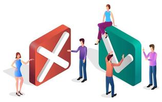 People discuss the votes for and against.People next to the for and against icons.Green icon indicating Yes ,red no.Isometric vector illustration.