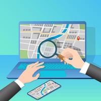 A person is studying navigation maps on a laptop screen.Modern technologies in cartography and navigation.Flat vector illustration.