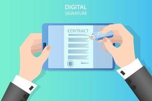 A businessman signs a contract using a tablet computer and a digital signature.Business activity concept of successful negotiations and agreements.Flat vector illustration.