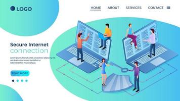 Secure Internet connection.The concept of protection of user data.People communicate with each other using the Internet.The key and shield symbol of security.Isometric illustration.Landing page. vector