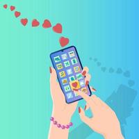 The girl uses her smartphone to send love SMS messages.Friendly and loving communication.People feel affection for each other.Flat vector illustration.