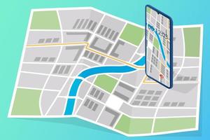 Map and smartphone with GPS Navigator.The concept of modern technologies when using navigation.Isometric vector illustration.