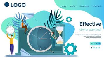 Effective time control.Time-management.People effectively allocate time.Teamwork.The template of the landing page.Flat vector illustration.