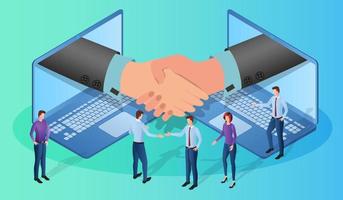 Business negotiations.People in the background of a laptop with a handshake conclude an agreement.Online negotiations.Business and Finance negotiations and contracts.Isometric vector illustration.