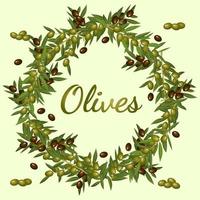 A wreath of olive branches.Realistic branches and fruits of an olive tree stacked in a wreath.Green and black olives.Flat vector illustration.