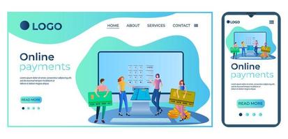 pagos en línea.personas con tarjetas de crédito en el fondo de una computadora con una terminal.el concepto de transferencias rápidas de dinero.plantilla para páginas de inicio y adaptaciones para teléfonos inteligentes.vector plano vector