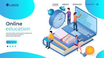 Online education.The concept of an educational web seminar.Organization of Internet classes.Online classes and distance learning.The template of the landing page.Isometric vector illustration.