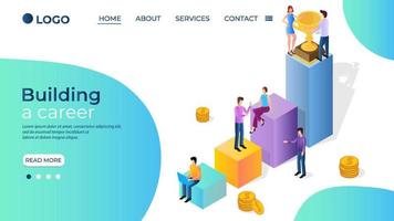 Building a career.People are engaged in career development.The concept of striving for success in work.Team work.Isometric vector illustration.The template of the landing page.