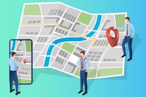 People determine their location using a smartphone with a map and a point marker.GPS navigation, modern technologies.Location detection using geolocation.Flat vector illustration.