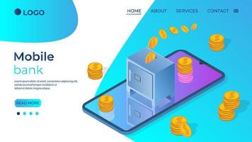 Mobile bank.Online banking.Smartphone Bank safe and money.The concept of secure banking operations conducted using the Internet.Isometric vector illustration.