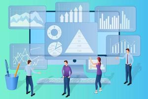 Businessmen analyze data on a personal computer.teamwork,use of modern technologies.Electronic learning webinar for students.Online video training.Isometric illustration vector