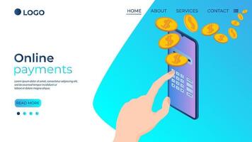 Online payments.A human hand using a smartphone to transfer funds.The concept of modern money transfer.Isometric vector illustration.The template of the landing page.