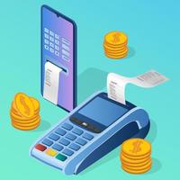 Online payments.Payment terminal and smartphone as a symbol of money transfers.The concept of secure payments and transfers.Isometric vector illustration.