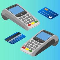 Payment terminal.Isometric image of payment terminals in different angles and credit cards.Concept of online payments money transfers.Vector illustration. vector